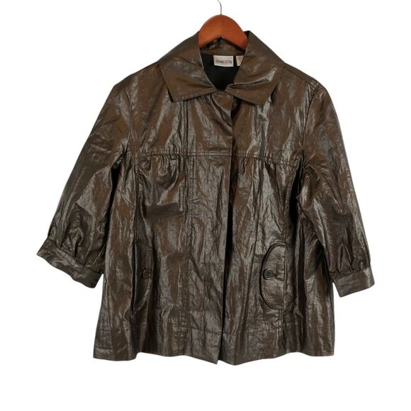CHICOS 1 ( M ) Glossy Brown Coated Linen Casual Jacket 1/2 Sleeve FLAWS - Picture 1 of 10